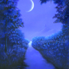 blue landscape, evening, stars, castle, pastoral, evening, path