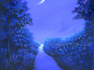 blue landscape, evening, stars, castle, pastoral, evening, path