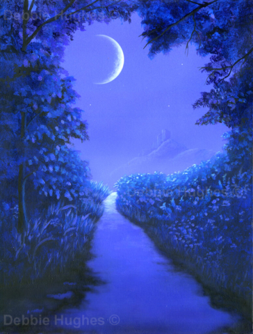 blue landscape, evening, stars, castle, pastoral, evening, path