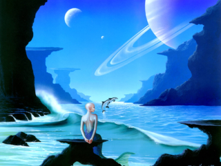 Saturn, moons, tera forming, space, ocean, dolphins, science fiction, alien planet