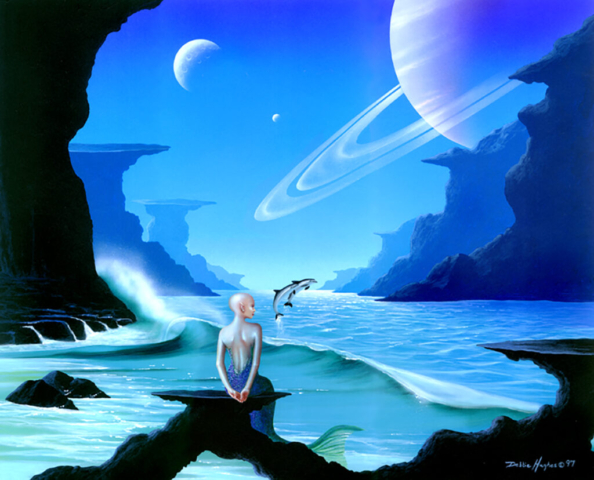 Saturn, moons, tera forming, space, ocean, dolphins, science fiction, alien planet