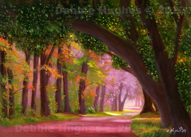 impressionistic landscape, spring forest, sunlight, path, trees, sunlit