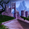 Fantasy, castle, ruins, decay, embattlement, distant mountains, fairytale
