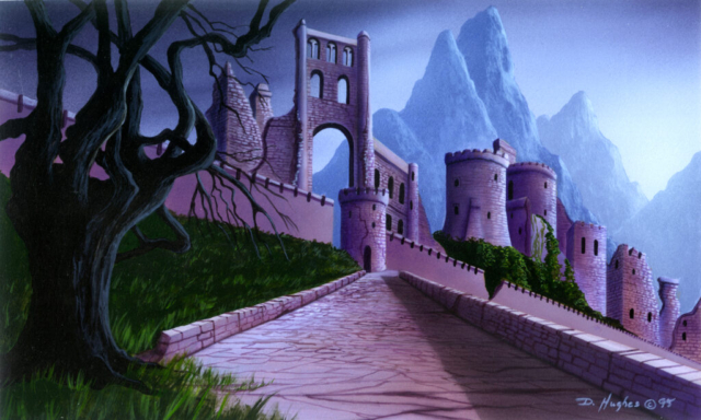 Fantasy, castle, ruins, decay, embattlement, distant mountains, fairytale