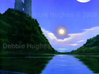 castle, water, lake, evening, sunset, moon, ocean, pastoral