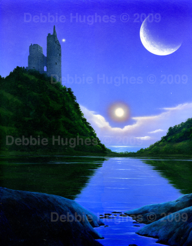 castle, water, lake, evening, sunset, moon, ocean, pastoral