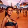 science fiction, desert, camels, city, middle east, exotic, mysterious