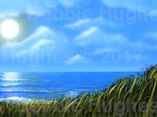Ocean, water, sunlight, grass, windswept