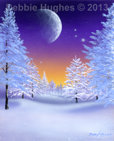 Solstice, Winter, snow, evening, moon, stars, icy trees, christmas, festive, holiday