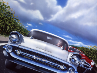 science fiction, car racing, corn field, 57 chevy, 1950 ford custom, highway racing, speed