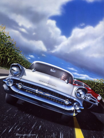 science fiction, car racing, corn field, 57 chevy, 1950 ford custom, highway racing, speed
