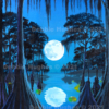 swamp, moon, river, lake, reflections, evening, cypress trees, gas on water,