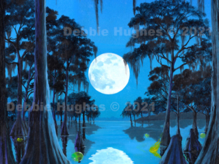 swamp, moon, river, lake, reflections, evening, cypress trees, gas on water,