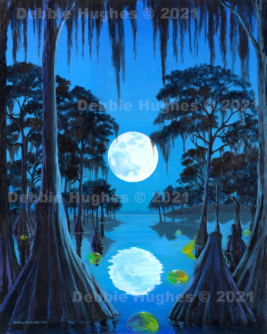 swamp, moon, river, lake, reflections, evening, cypress trees, gas on water,
