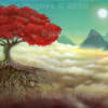 flying tree, magic realism, fantasy, science fiction, mountains, clouds, alien, mystical