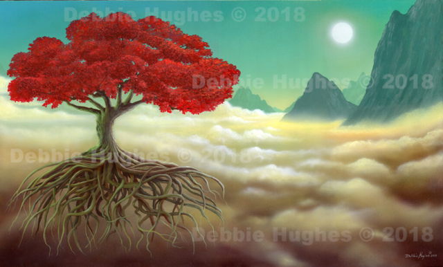 flying tree, magic realism, fantasy, science fiction, mountains, clouds, alien, mystical