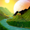 fantasy, castle, trees, sunlit, hills, moon, fairytale
