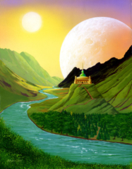 fantasy, castle, trees, sunlit, hills, moon, fairytale
