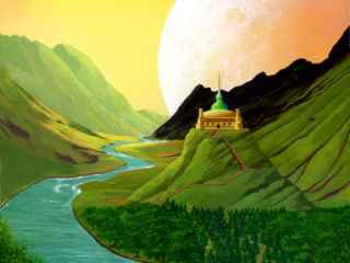 fantasy, castle, trees, sunlit, hills, moon, fairytale