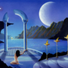 Fantasy, ethereal, moons, placid, ocean, magical, sea, columns, castle, sculptures