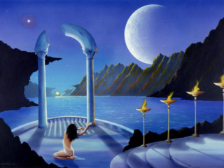 Fantasy, ethereal, moons, placid, ocean, magical, sea, columns, castle, sculptures