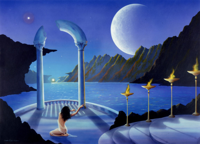 Fantasy, ethereal, moons, placid, ocean, magical, sea, columns, castle, sculptures