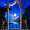 Fantasy, ethereal, moons, placid, ocean, magical, sea, columns, castle, sculptures