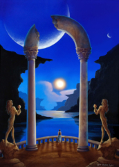 Fantasy, ethereal, moons, placid, ocean, magical, sea, columns, castle, sculptures