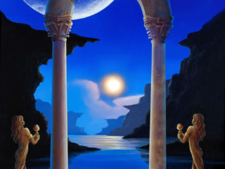 Fantasy, ethereal, moons, placid, ocean, magical, sea, columns, castle, sculptures