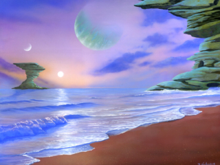science fiction, alien landscape, ocean, water, beach, sand, rock formations