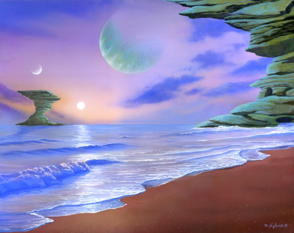 science fiction, alien landscape, ocean, water, beach, sand, rock formations