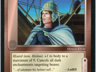Adamant Helmet Middle Earth Collectible Game Card Middle Earth, helmet, ship, mythological leader, cloak, mystical figure, chainmail, ship rigging, ship