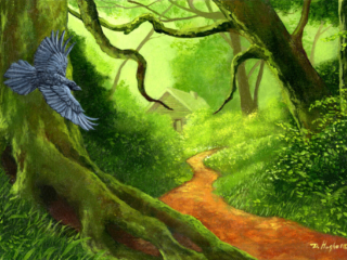 Wooded scene showing a Raven flying into a green forest with a wood cabin in the background.
