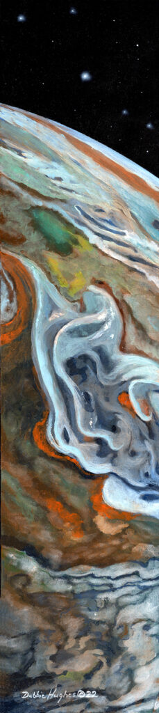 Astronomical painting showing the most recent depiction of Jupiter&#039;s surface from space.