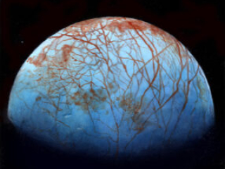 Astronomical of the the moon Europa, depicting its icy surface. Europa is a moon of Jupiter.