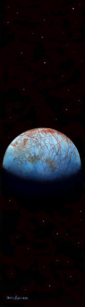 Astronomical of the the moon Europa, depicting its icy surface. Europa is a moon of Jupiter.