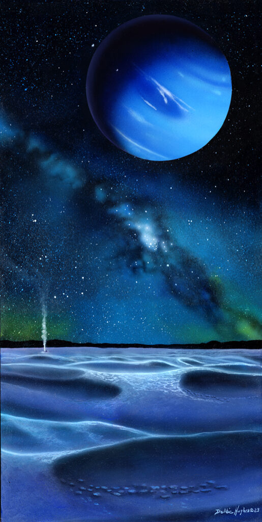 Neptune as seen from the surface of its moon, Triton. Astronomical painting showing planetary bodies from our solar system.