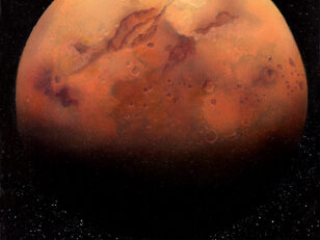 Astronomical painting showing Mars and detailing its scarred surface.