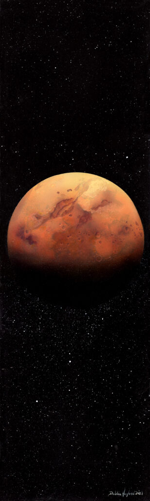 Astronomical painting showing Mars and detailing its scarred surface.