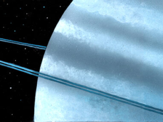 Astronomical painting showing Uranus and its rings.