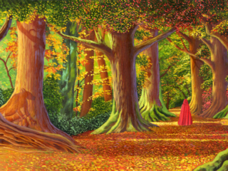 Fantasy image of Fall Landscape that depicts the Little Red Riding Hood folklore. Image includes a Raven, a Woof and a young woman wearing a red cloak