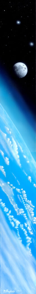 Moon from low earth orbit, showing our atmosphere. Astronomical painting.