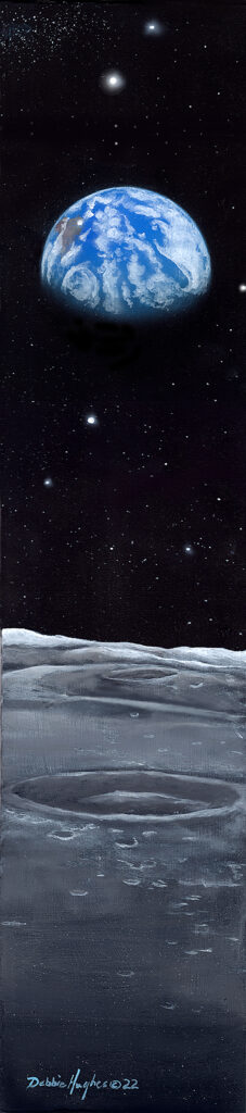 Astronomical painting showing Earth from the Moon surface.