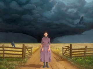 A young woman standing on a dirt road between two fence posts and a gate that opens up on a vast wheat colored grass field. Behind her is a massive category 5 tornado. On the fence to her left is a raven holding a pocket watch in his beak, to her right is a raven flying towards her.