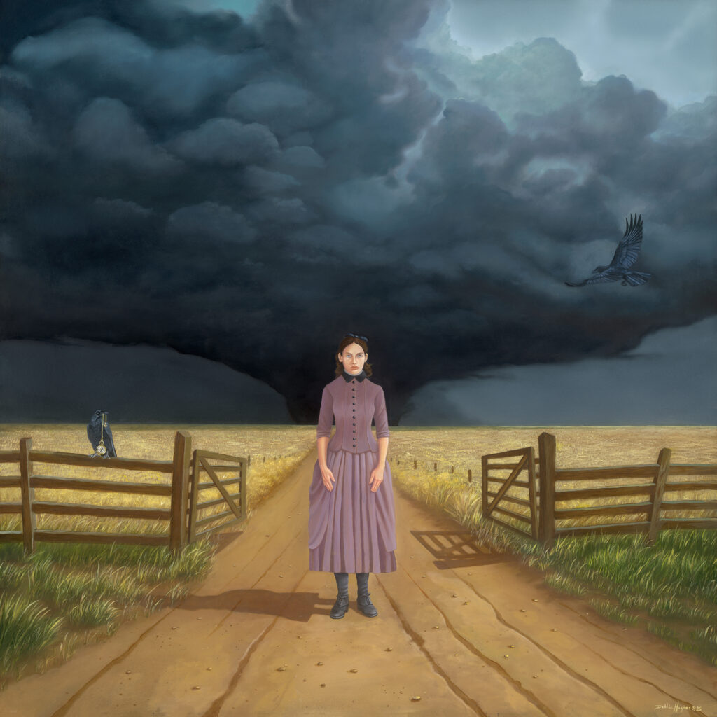 A young woman standing on a dirt road between two fence posts and a gate that opens up on a vast wheat colored grass field. Behind her is a massive category 5 tornado. On the fence to her left is a raven holding a pocket watch in his beak, to her right is a raven flying towards her.