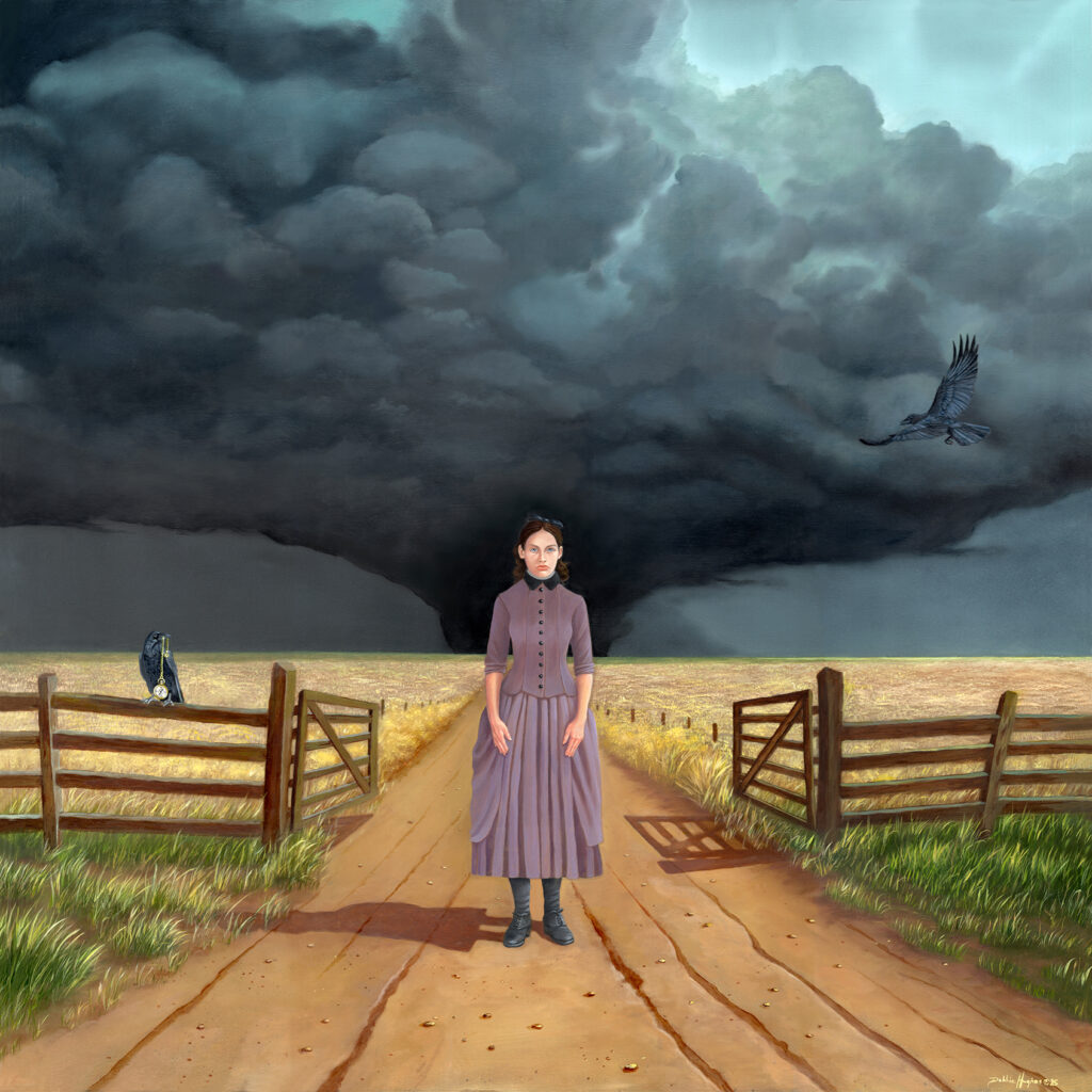 Woman in 19th Century clothing standing on dirt road in the middle of a wheat field. Behind her is a dark threatening tornado and beside her on both side are ravens.