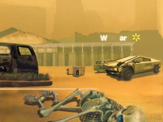 Skeleton clutching a cell phone with the logo Tik Tok on the screen. The skeleton is laying in an abandoned Walmart shopping parking lot. The sky is yellow orange indicating something has occurred that is catastrophic.