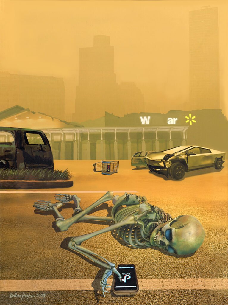 Skeleton clutching a cell phone with the logo Tik Tok on the screen. The skeleton is laying in an abandoned Walmart shopping parking lot. The sky is yellow orange indicating something has occurred that is catastrophic.