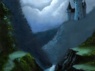 Magical fairy tale castle lit by moonlight with a river that reflects the sparkle of the moonlight.