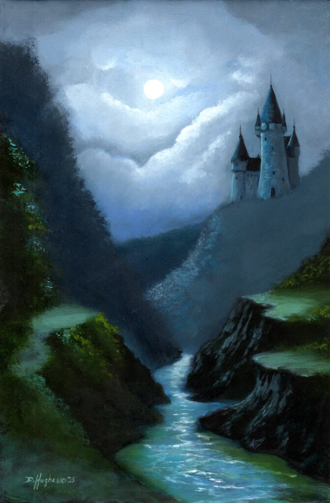 Magical fairy tale castle lit by moonlight with a river that reflects the sparkle of the moonlight.